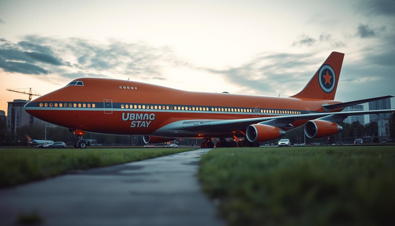 A unique view of the Jumbo Stay hotel, a converted Boeing 747 airplane, prominen...