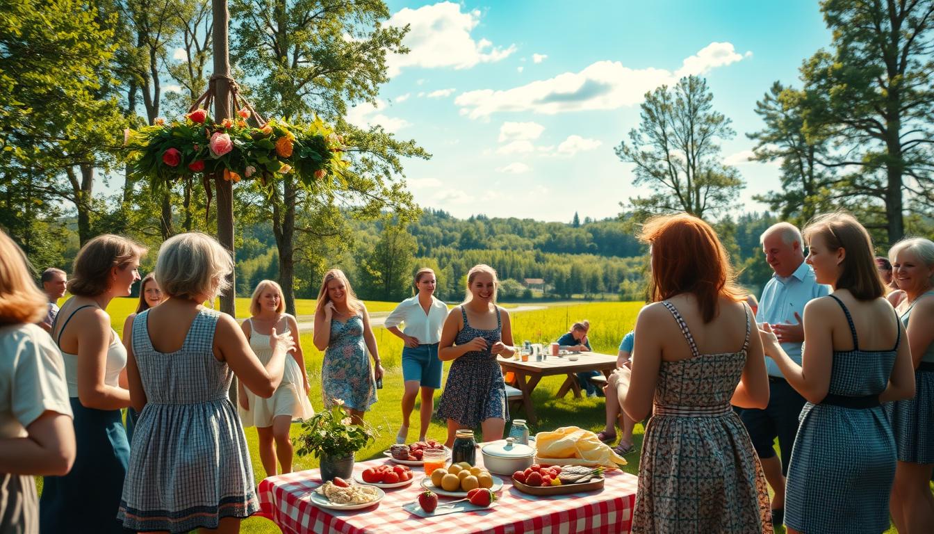 A vibrant Midsummer celebration in Sweden, capturing the essence of the cultural festival. In the foreground, a lively group of people in modest casual clothing dance around a traditional maypole adorned with flowers and greenery. In the middle, a picnic scene features tables filled with traditional Swedish dishes like herring, new potatoes, and strawberries, while friends laugh and socialize. The background showcases a lush green landscape under a bright, cerulean sky, dappled with sunlight filtering through the trees, creating a warm, inviting atmosphere. The scene is shot with a Sony A7R IV at 70mm, providing sharp details and an engaging depth of field, enhanced by a polarized filter to vividly capture the colors and textures of this joyous occasion.