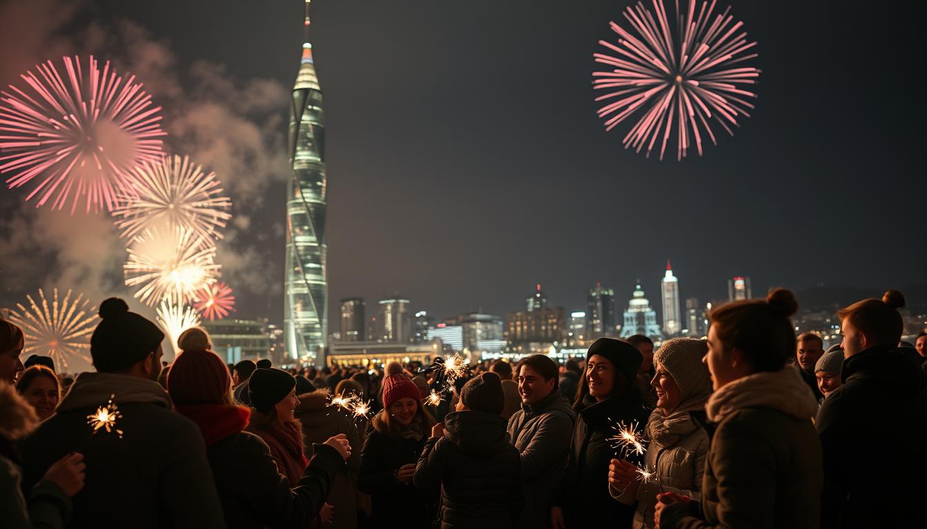 A vibrant New Year’s Eve scene in Malmö, Sweden. In the foreground, families and friends gather, dressed in cozy winter attire, holding sparklers and cheering joyfully against the backdrop of the city. In the middle ground, the iconic Turning Torso skyscraper glimmers with festive lights, while a diverse crowd anticipates the midnight fireworks. The background features a darkening sky filled with colorful fireworks exploding, illuminating the skyline. Capture this moment from a slight upward angle, creating a sense of excitement and celebration. The image is to be shot with a Sony A7R IV at 70mm, clearly focused and sharply defined, enhanced by a polarized filter to enrich the colors and contrast of the festive atmosphere.