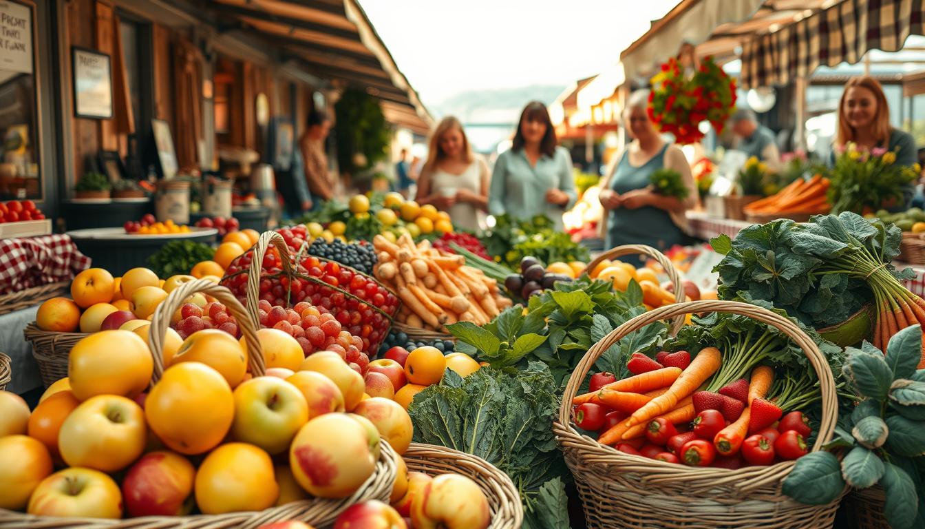 A vibrant and inviting market scene showcasing a wide variety of fresh fruits and vegetables, specifically highlighting apples, berries, carrots, and leafy greens. In the foreground, baskets filled with colorful produce are artfully arranged, with some fruits tumbling out. The middle ground features cheerful shoppers examining the produce, dressed in modest casual clothing to portray a sense of everyday life. The background captures a bright, sunny day at an outdoor market, with vendor stalls adorned with checkered tablecloths. Soft, natural lighting enhances the vivid colors of the fruits and vegetables, creating a warm and welcoming atmosphere. Shot using a Sony A7R IV at 70mm, the image should be sharply defined, emphasizing the texture and freshness of the ingredients, with a polarized filter to enrich colors and details.