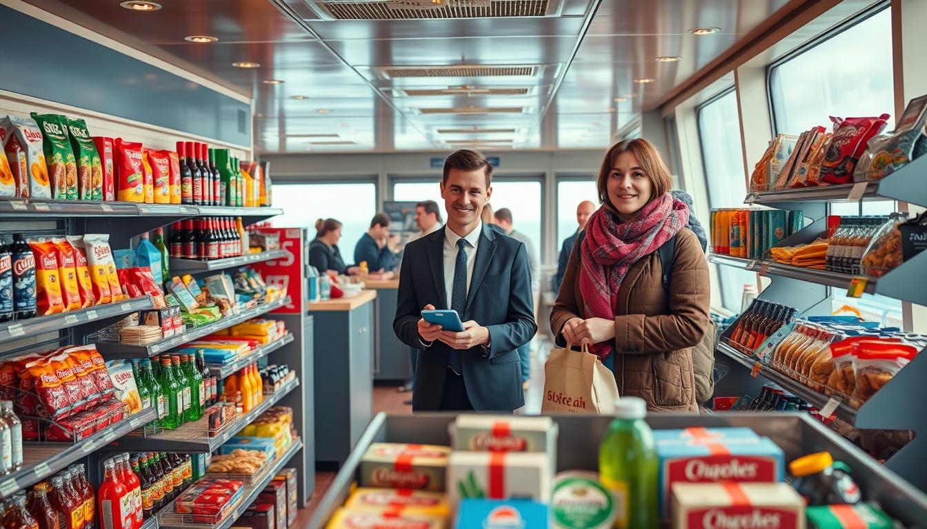 A vibrant and inviting scene of a shop onboard the Stena Line ferry, showcasing a variety of products. In the foreground, a well-organized display of snacks, beverages, and travel essentials, attractively arranged on modern shelves. The middle ground features a friendly staff member in professional business attire, assisting a passenger selecting items. The background reveals the spacious layout of the shop with large windows overlooking the sea, allowing natural light to flood the scene, creating a warm and pleasant atmosphere. The image should be shot with a Sony A7R IV at 70mm, capturing sharp details with a polarized filter, emphasizing the colorful product packaging and the cheerful expressions of the staff and passengers, evoking a sense of convenience and enjoyment while traveling.