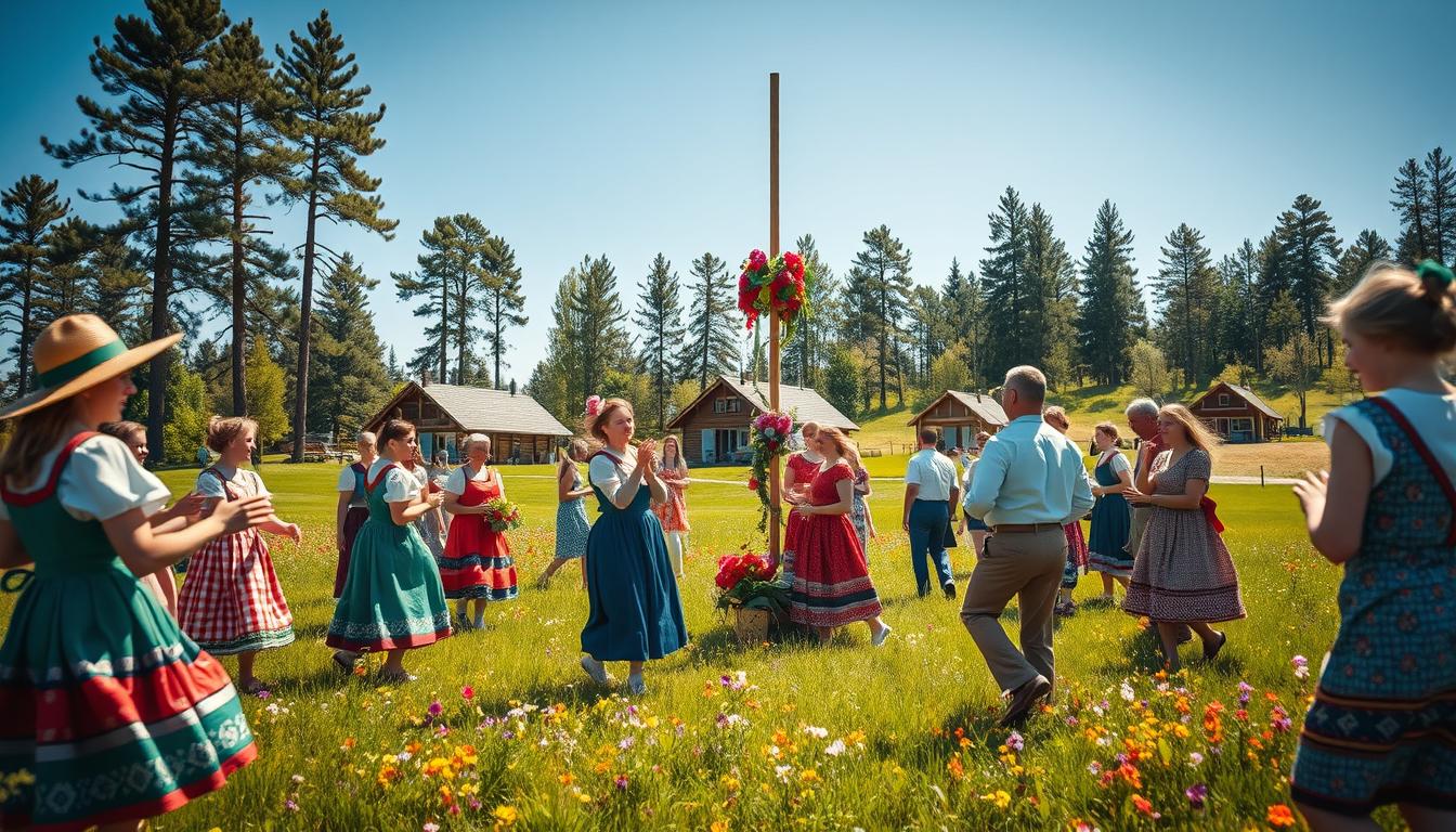 A vibrant celebration of Midsummer (Mittsommer) traditions in Dalarna, Sweden, featuring a lively gathering in a lush green meadow. In the foreground, a group of individuals dressed in colorful, traditional Swedish folk costumes, dancing around a maypole decorated with flowers and greenery. They are joyfully engaged in festivities, showcasing expressions of happiness and community. The middle ground captures decorated wooden cottages typical of the Dalarna region, surrounded by blooming meadows filled with wildflowers. In the background, tall pine trees under a clear blue sky add depth to the scene. The image is illuminated by warm, natural sunlight, emphasizing the cheerful atmosphere. Shot with a Sony A7R IV at 70mm, creating a sharply defined and clearly focused perspective, enhanced by a polarized filter for vivid colors. The overall mood is celebratory and serene, capturing the essence of regional traditions.