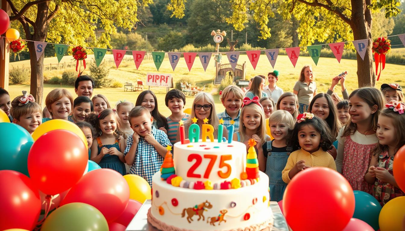 A vibrant celebration scene for Pippi Longstocking's 75th birthday, filled with lively festivities. In the foreground, an assortment of colorful balloons and a large cake decorated with playful designs inspired by Pippi's adventures. In the middle, a diverse group of cheerful children and adults dressed in festive attire, smiling and enjoying games, embodying joy and togetherness. In the background, a whimsical landscape with a charming Swedish village, featuring flower decorations and banners that honor Pippi. The scene is brightly lit with golden sunlight filtering through the trees, creating a warm and inviting atmosphere. Shot with a Sony A7R IV, 70mm lens, with a polarized filter for enhanced colors and clarity, capturing the essence of this magical anniversary celebration.