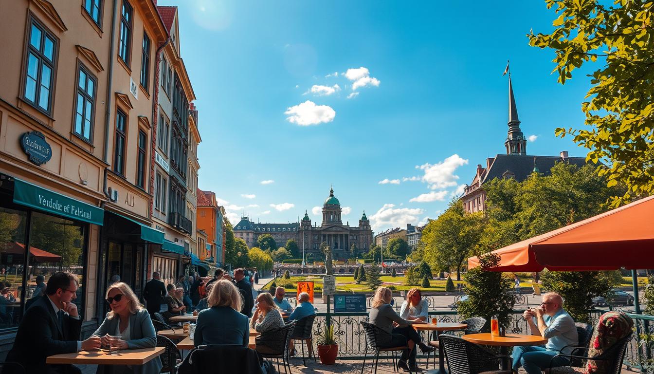 A vibrant collage of Sweden's best cities, featuring the charming streets o...