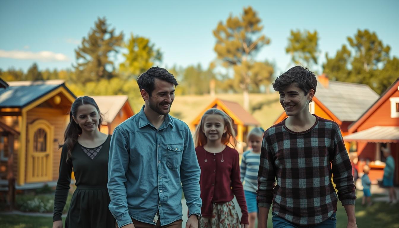 A vibrant interactive film village set in Småland, featuring colorful wooden hou...
