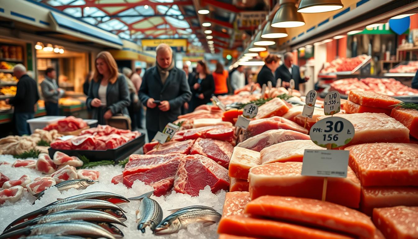 A vibrant market scene showcasing various types of meat and fish prices in Sweden. In the foreground, a well-organized display of fresh cuts of beef, pork, and a selection of fish like salmon and herring, beautifully arranged on ice. The middle ground features shoppers, dressed in professional casual attire, examining the products, with a close-up on a price tag showcasing local currency. In the background, the bustling atmosphere of a Swedish marketplace, with colorful stalls and people engaging in lively conversations. The lighting is bright and natural, emphasizing the freshness of the produce. Captured with a Sony A7R IV at 70mm, ensuring a clearly focused, sharply defined image with a polarized filter to enhance colors and reduce glare, creating a warm, inviting mood.