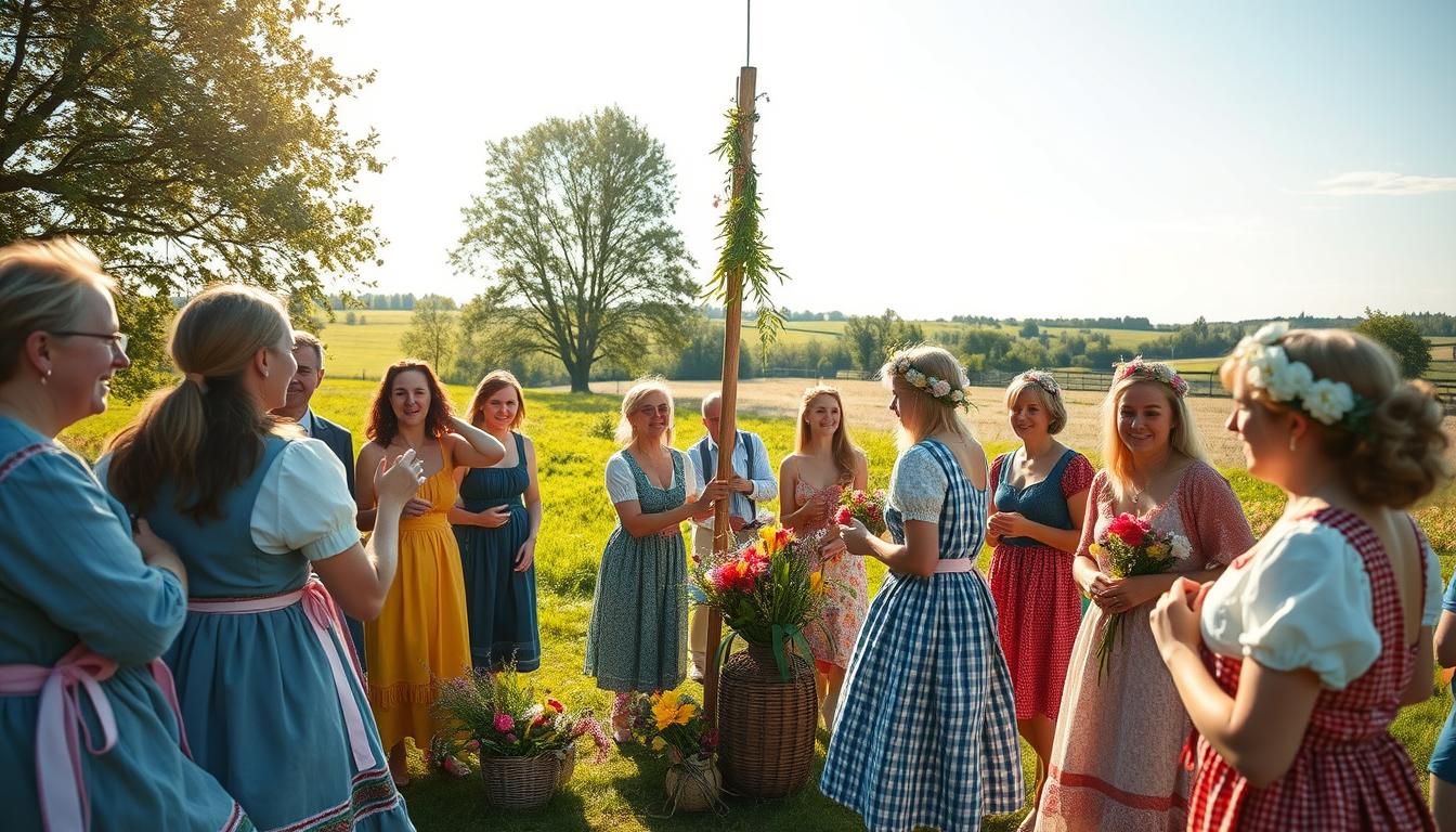 A vibrant midsummer celebration in Sweden, showcasing traditional customs and rituals. In the foreground, a group of people dressed in colorful, modest traditional Swedish attire, participating in a joyful dance around a maypole adorned with flowers and greenery. Their expressions are filled with happiness and celebration. In the middle, villagers gather together to weave flower crowns, with baskets of fresh wildflowers scattered around. The background features a sunny landscape of lush green fields and blooming flowers under a clear blue sky. Gentle sunlight filters through the trees, creating a warm and inviting atmosphere. The image is captured with a Sony A7R IV at 70mm, with a focus on the joyful expressions and activities of the participants, using a polarized filter for enhanced color saturation. The mood reflects a sense of community and festive spirit, embodying the essence of Swedish Midsummer traditions.