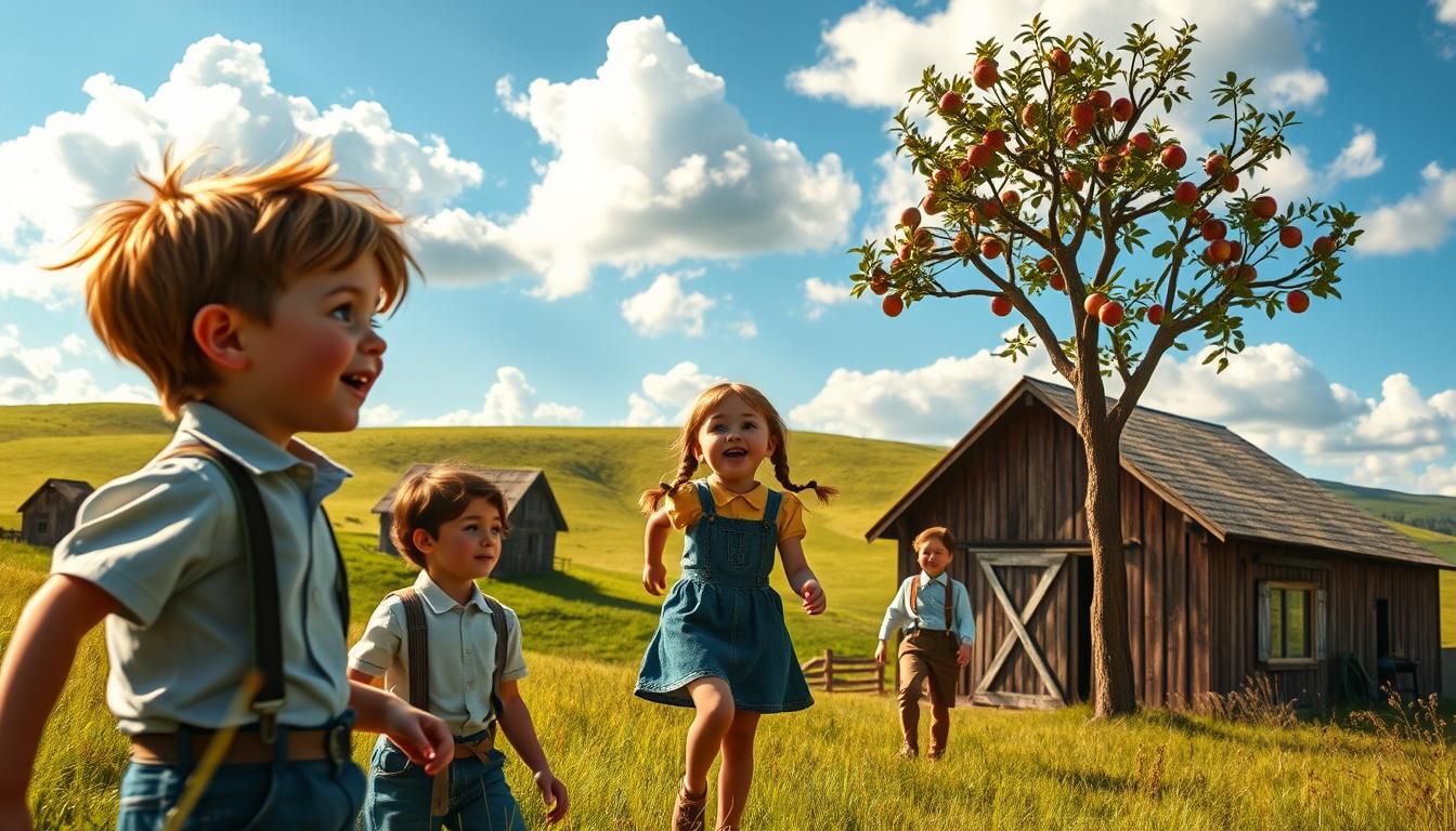 A vibrant scene depicting Michel and his friends on an adventure in a lush Swedi...