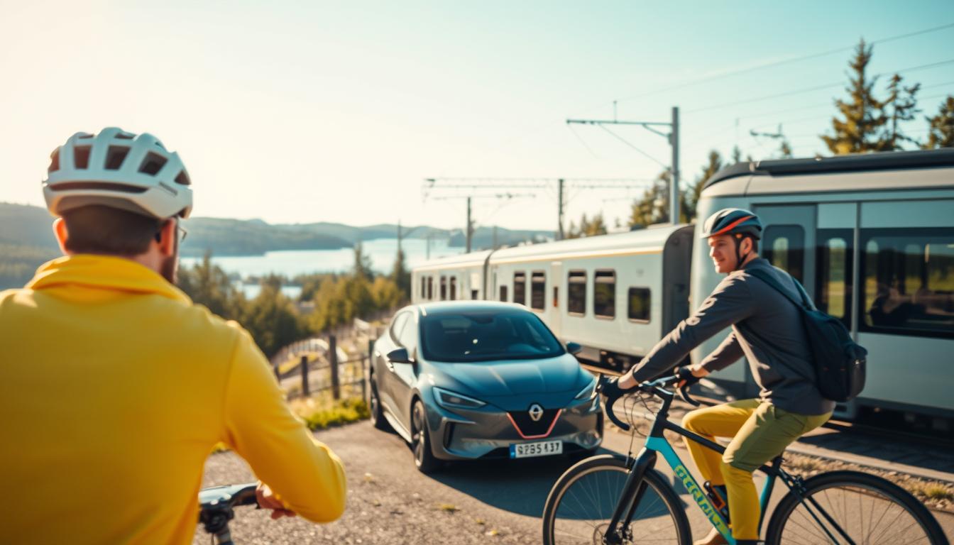 A vibrant scene depicting mobility in Sweden, featuring a modern electric car, a sleek train, and a cyclist riding through a picturesque Swedish landscape. In the foreground, the cyclist wears a casual helmet and bright clothing, showcasing eco-friendly transport. The middle ground highlights a stylish electric car parked beside a train station, with a sleek train ready for departure. The background reveals lush green forests and serene lakes typical of Sweden, under a clear blue sky with soft, natural lighting. Shot on a Sony A7R IV at 70mm, the composition is sharply defined and clearly focused, enhanced by a polarized filter to bring out vivid colors and details, creating a cheerful and adventurous atmosphere.