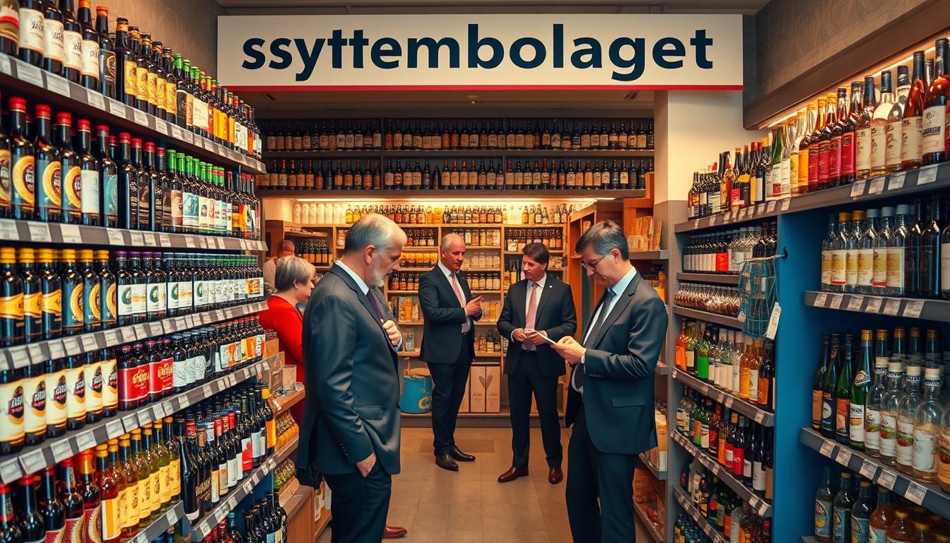 A vibrant scene inside a Systembolaget store, showcasing an impressive array of Swedish beverages. In the foreground, neatly organized shelves feature colorful bottles of craft beers, ciders, and artisan spirits. A soft, warm light illuminates the space, creating a welcoming atmosphere. In the middle, customers, dressed in professional business attire, are engaged in thoughtful selections, examining labels and discussing options. The background reveals more shelves filled with unique Swedish drinks, enhancing the sense of variety. Shot on a Sony A7R IV with a 70mm lens, this image captures sharp details and vivid colors, using a polarized filter to reduce glare and enhance the overall clarity, evoking a cozy yet sophisticated shopping experience.
