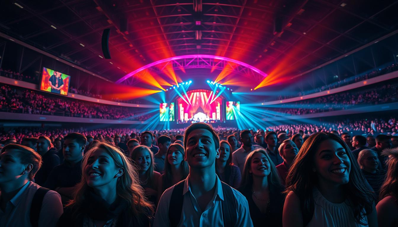 A vibrant scene inside the Avicii Arena, capturing the energy of a live event. In the foreground, a diverse crowd enjoys a spectacular concert, dressed in smart casual attire, with expressions of excitement and joy. The middle ground prominently features the stunning architecture of the arena, showcasing its iconic dome shape illuminated by colorful stage lights. The background includes a high-tech lighting array, casting dynamic patterns across the audience. The atmosphere is electric, filled with bright colors and dramatic shadows, evoking a sense of celebration. Shot on a Sony A7R IV at 70mm, the image is sharply defined and clearly focused, enhanced by a polarized filter to enrich colors and contrast.