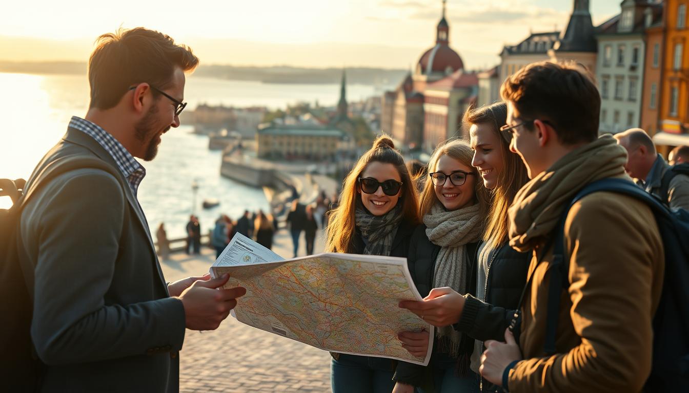 A vibrant scene showcasing the joys of self-guided sightseeing in Stockholm. In ...