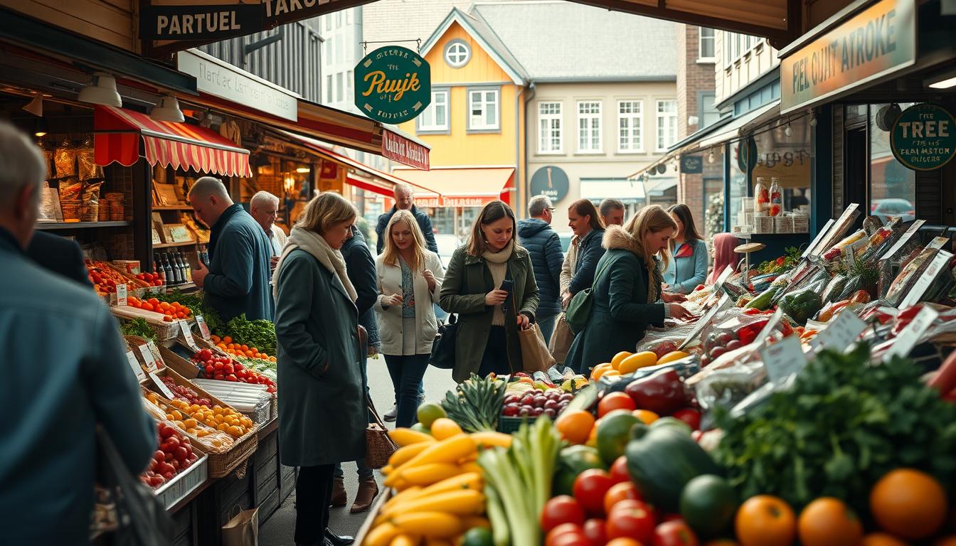 A vibrant street market in Sweden, showcasing a variety of fresh groceries and f...
