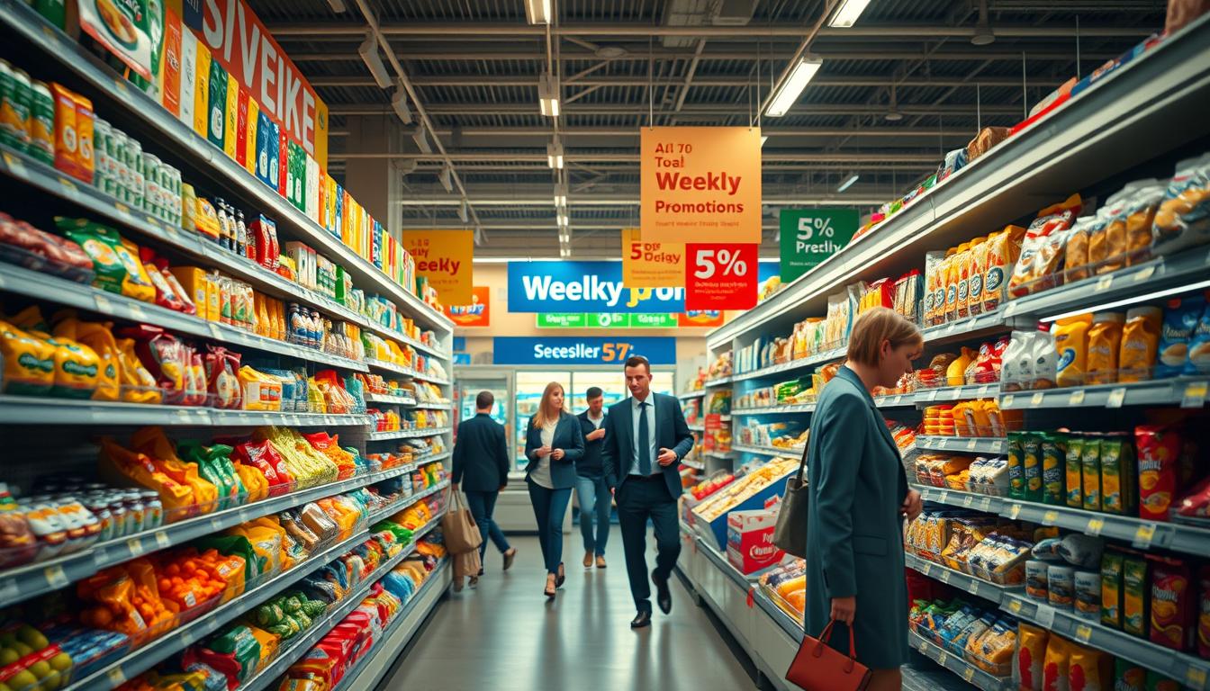A vibrant supermarket scene in Sweden showcasing a well-lit and organized grocery store. In the foreground, colorful shelves filled with various products, including fresh produce, dairy, and snacks, visually representing the diverse offerings of supermarket chains. The middle ground features shoppers engaged in their shopping experience, dressed in professional business attire, exploring the aisles. The background reveals bright signage indicating weekly promotions and discounts, enhancing the atmosphere of shopping excitement. The lighting is bright and inviting, creating a lively ambiance. The composition is shot with a Sony A7R IV at 70mm, ensuring a clearly focused and sharply defined image. Use a polarized filter to enhance the colors and reduce reflections, capturing the essence of consumer life in Swedish supermarkets.
