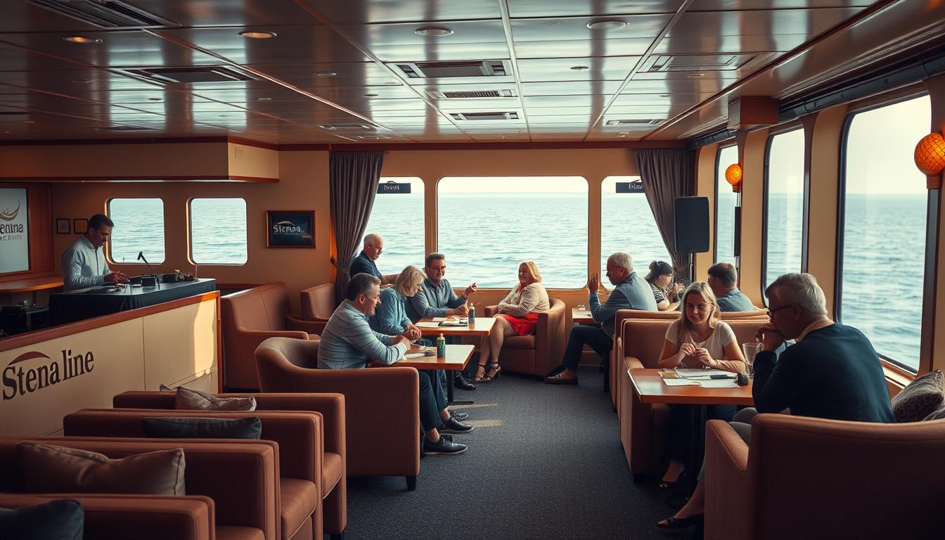 A warm and inviting interior scene on a Stena Line ferry, depicting various entertainment options during the journey. In the foreground, a cozy lounge area with comfortable seating arrangements, including plush chairs and small tables set up for games and conversation. To the side, a small stage for live music or performances, with soft lighting highlighting the area. The middle ground features families and friends engaging in activities like board games, reading, and chatting, dressed in casual yet tidy clothing. In the background, large windows reveal a beautiful seascape of the Kiel-Göteborg route, with gentle waves outside. The atmosphere is cheerful and relaxed, with a sense of community. The image is shot on a Sony A7R IV at 70mm, ensuring sharp details and vibrant colors, enhanced by a polarized filter to capture the serene ambiance.