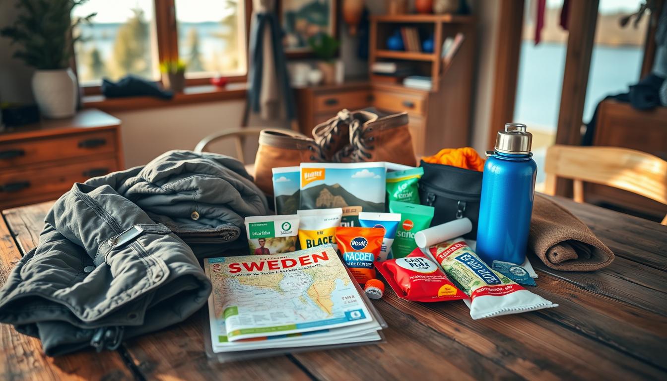 A well-organized packing list for a vacation in Sweden, displayed on a rustic wooden table. In the foreground, neatly arranged travel essentials like a warm jacket, hiking boots, a travel guide, and a reusable water bottle. The middle layer features vibrant, colorful items such as a map of Sweden, sunscreen, and snacks in eco-friendly packaging. In the background, create a soft-focus effect of a cozy Swedish vacation home, with a hint of nature visible through the windows, like pine trees or a lake. The scene is illuminated with warm, natural sunlight, giving a welcoming and adventurous mood, captured sharply with a Sony A7R IV at 70mm, using a polarized filter to enhance colors and clarity.