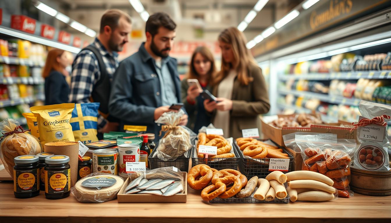A well-presented grocery comparison scene showcasing typical food items from Sweden and Germany. In the foreground, a neatly arranged wooden table displays Swedish products like crispbread, lingonberry jam, and herring next to German items such as pretzels, sausages, and sauerkraut. In the middle ground, a group of diverse individuals, dressed in modest casual clothing, examines the products, highlighting the price differences on tags. The background features a softly blurred grocery store aisle, enhancing focus on the items and shoppers. The lighting is bright and natural, creating a welcoming atmosphere, as if shot with a Sony A7R IV at 70mm with a polarized filter, ensuring clarity and sharpness.