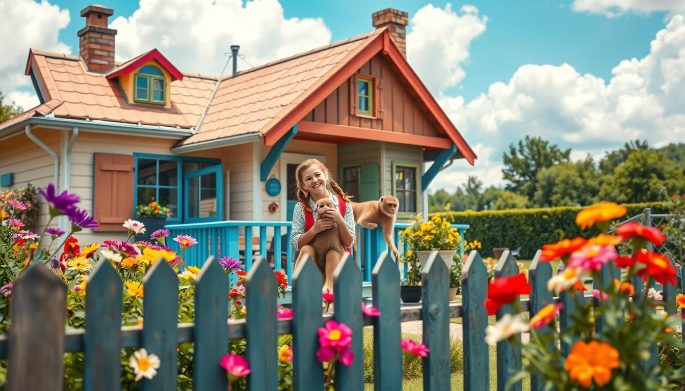 A whimsical portrayal of Pippi Longstocking’s colorful home, the Villa Kunterbunt. In the foreground, we see vibrant flowerbeds bursting with assorted flowers, along with a quirky wooden fence. Pippi, with her iconic red pigtails and playful outfit, is joyfully interacting with her pet monkey on the porch, which has bright blue railings. In the middle ground, the villa itself is depicted with its distinctive slanted roof, a mix of pastel colors, and several whimsical features like oversized windows and a crooked chimney. The background features a lush green garden and a bright blue sky with puffy clouds. The image should exude a cheerful, carefree atmosphere, captured with soft, natural lighting. Shot with a Sony A7R IV at 70mm, clearly focused with sharp details, using a polarized filter to enhance colors.