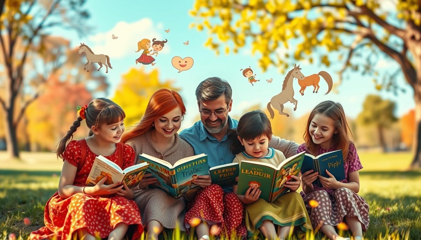 An imaginative scene depicting the generations of readers influenced by Pippi Longstocking. In the foreground, a diverse group of children and adults, dressed in modest, colorful clothing, are joyfully reading Pippi's adventures together in a cozy, sunlit park. In the middle ground, illustrations of iconic moments from the stories-Pippi's red braids, her mischievous smile, and her horse-are incorporated in floating, whimsical styles, blending with the readers' imaginations. The background showcases a serene landscape of vibrant trees and a blue sky, symbolizing the timeless impact of Pippi's legacy across different ages. The lighting is warm and inviting, emphasizing a nostalgic and uplifting atmosphere. Captured with a Sony A7R IV at 70mm, ensuring a sharply defined focus enhanced by a polarized filter, creating a magical yet clear portrayal of connection and joy.