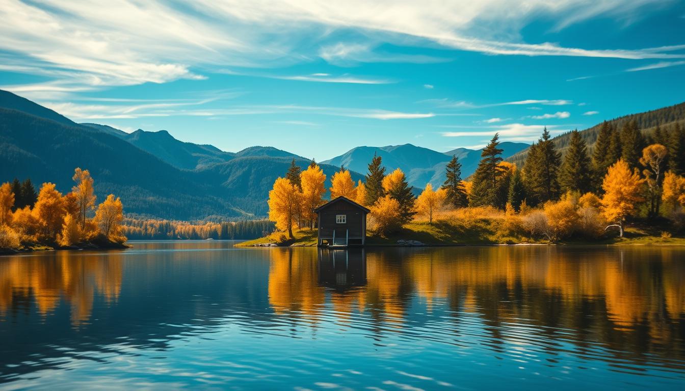 Foreground features a serene lake reflecting the vibrant colors of autumn foliage, with golden birch and deep green pine trees edging the water. In the middle, a small wooden boathouse with a quaint dock invites exploration, surrounded by lush hills. The background showcases majestic mountains under a clear blue sky, with wispy clouds adding depth. The scene is illuminated by soft, warm sunlight, creating a tranquil atmosphere. Capture the image with a Sony A7R IV at 70mm, ensuring clear focus and sharp definitions of the natural textures. Use a polarized filter to enhance the colors of the landscape, creating a peaceful, inviting vibe that celebrates the natural experiences of Västerbotten.